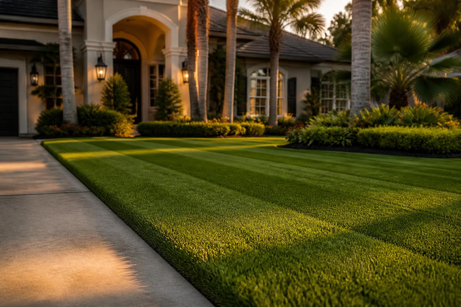 Pristine striped lawn with crisp edges at a premium Panama City home